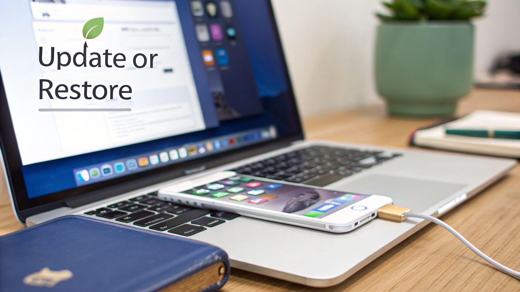 An iPhone connected to a MacBook laptop with 'Update or Restore' displayed on the screen.