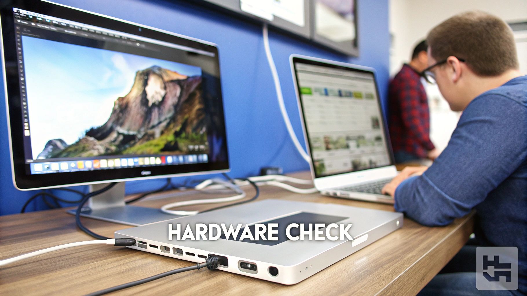 A person working at a tech desk with a MacBook Pro and external monitor during a hardware check.