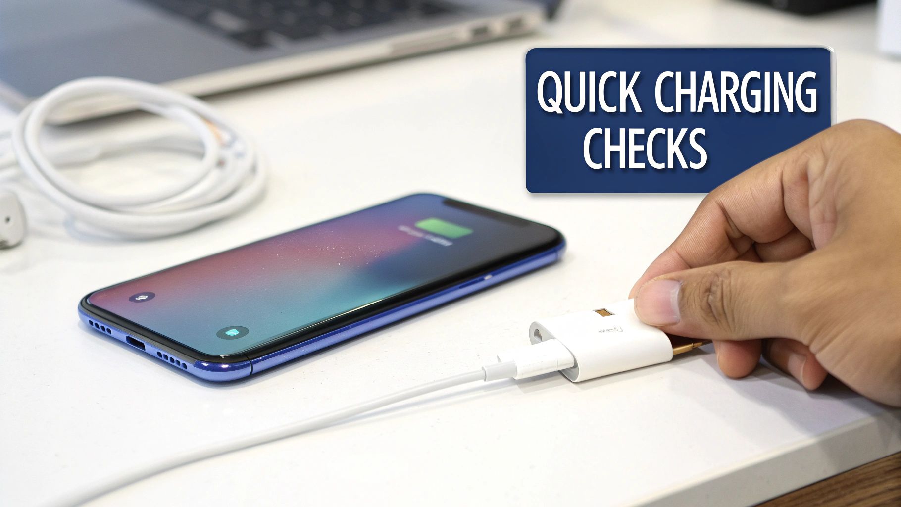 A person holding an iPhone with a charging cable plugged into it, inspecting the connection.