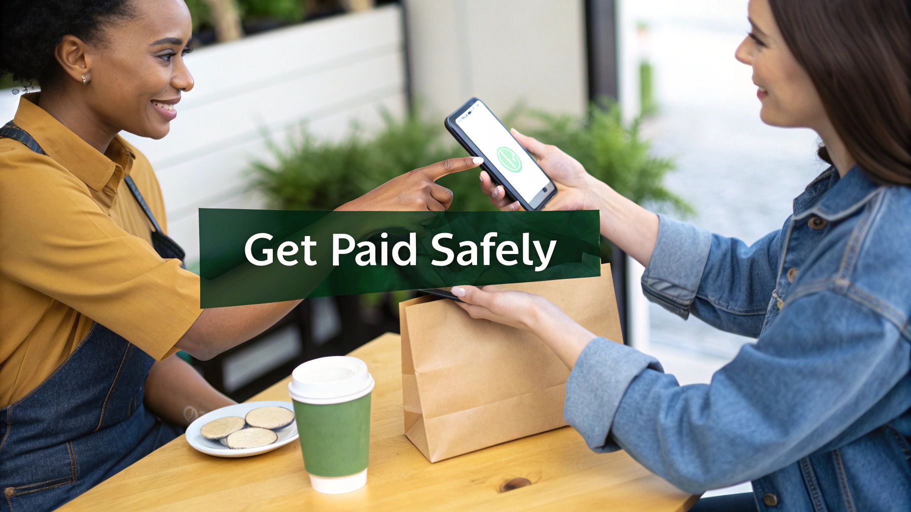 Smiling cafe employee assists customer with a secure contactless payment on a smartphone.