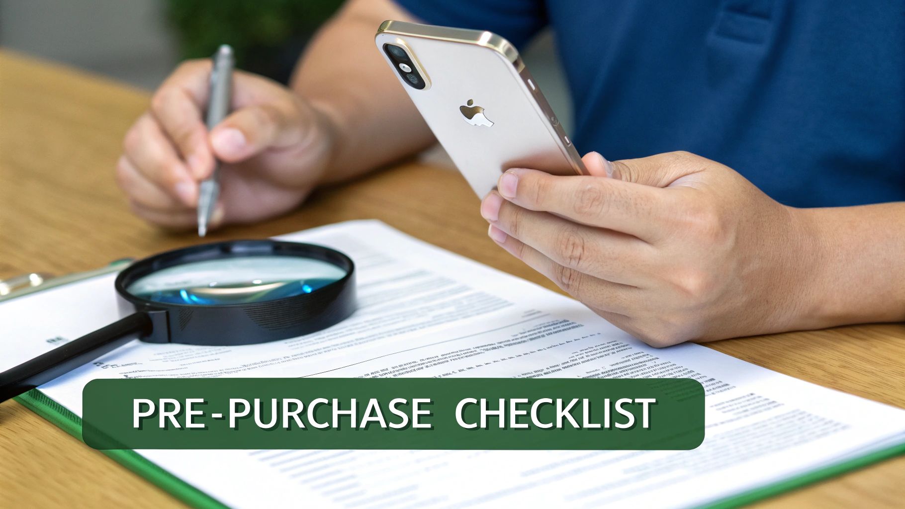A close-up of a person inspecting an iPhone's screen and buttons before buying it.