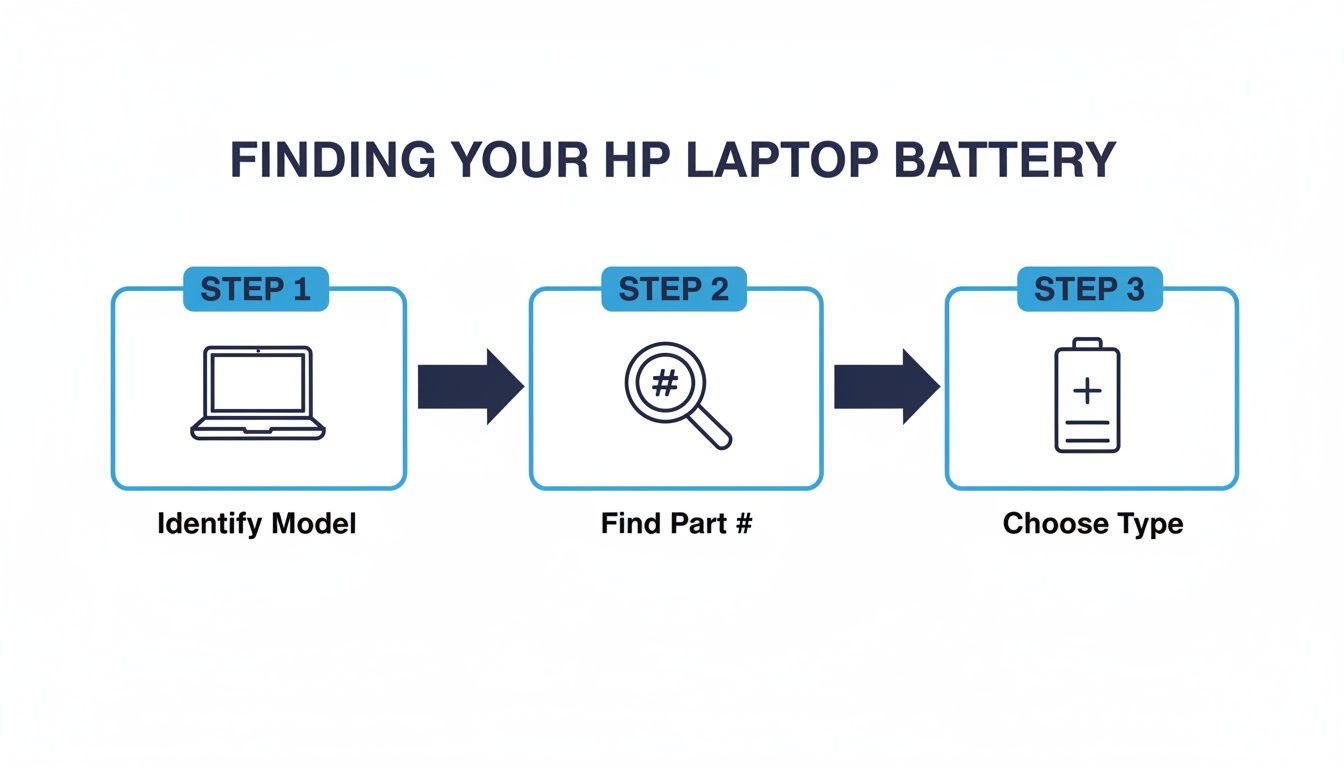 Infographic showing a 3-step guide to finding your HP laptop battery: Identify Model, Find Part #, Choose Type.