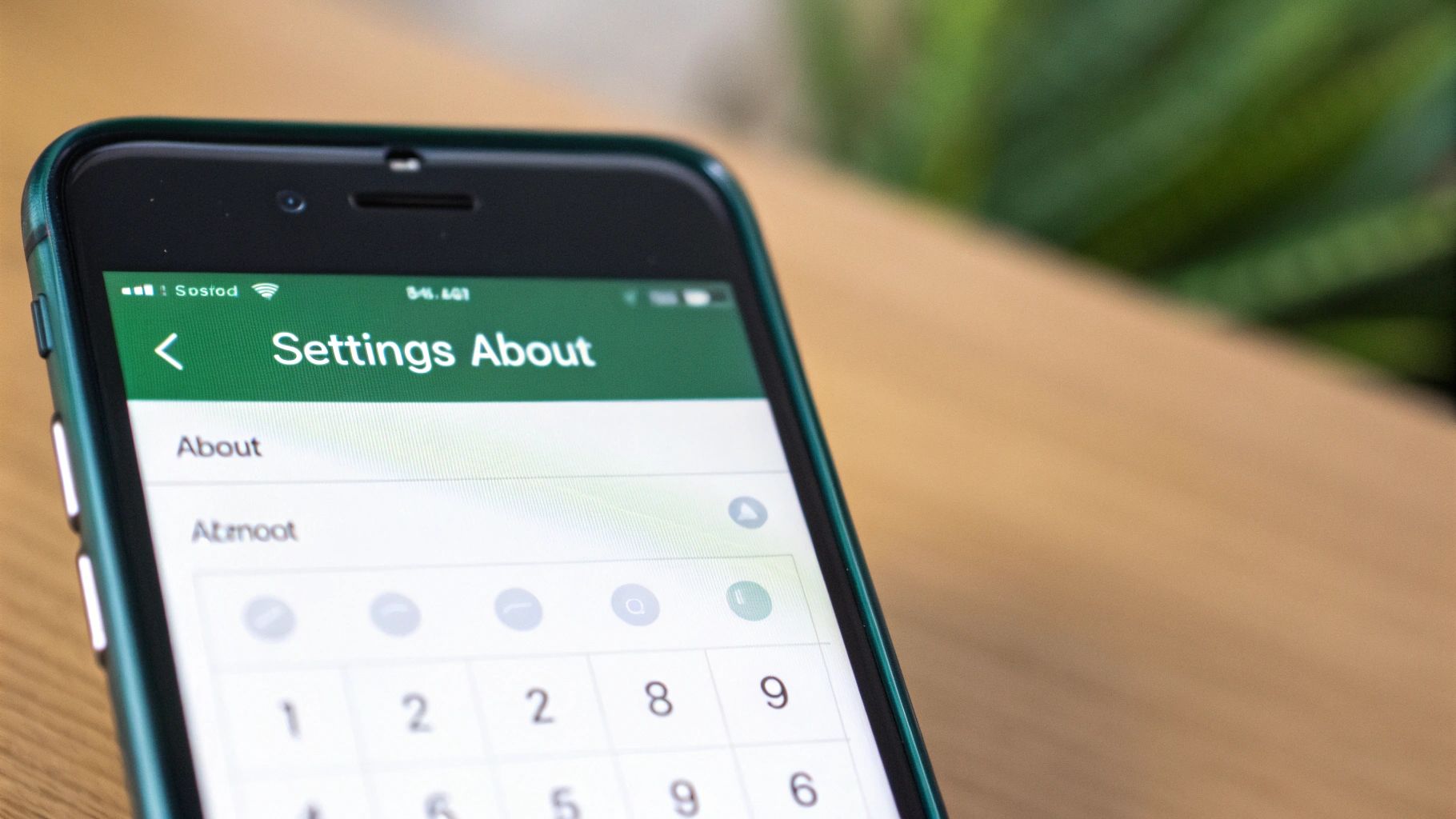 Close-up of an iPhone screen displaying the 'Settings About' menu with a numerical keypad.