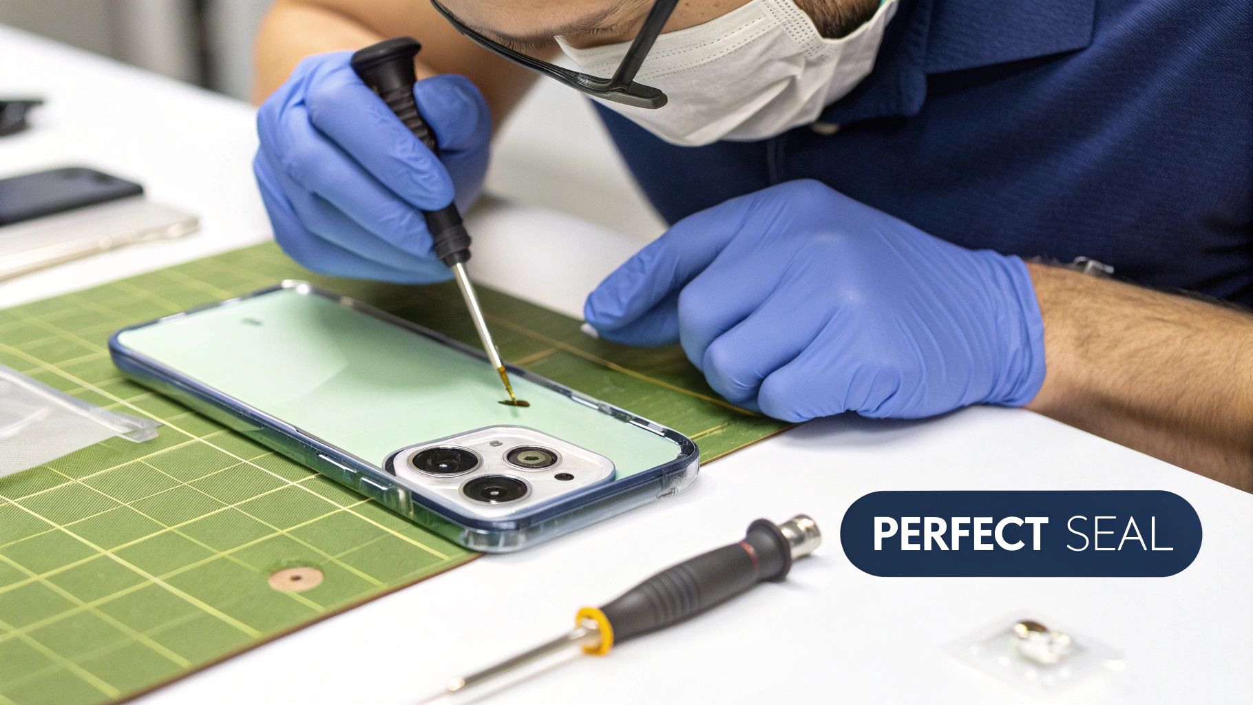 A technician in blue gloves and a mask performs a back glass replacement on an iPhone.