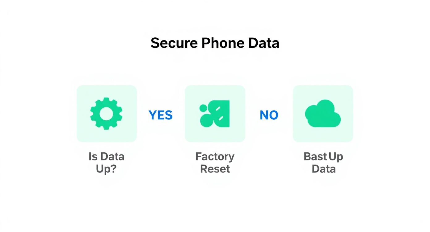 A flowchart titled "Secure Phone Data" illustrating steps for backing up data and factory resetting a phone.
