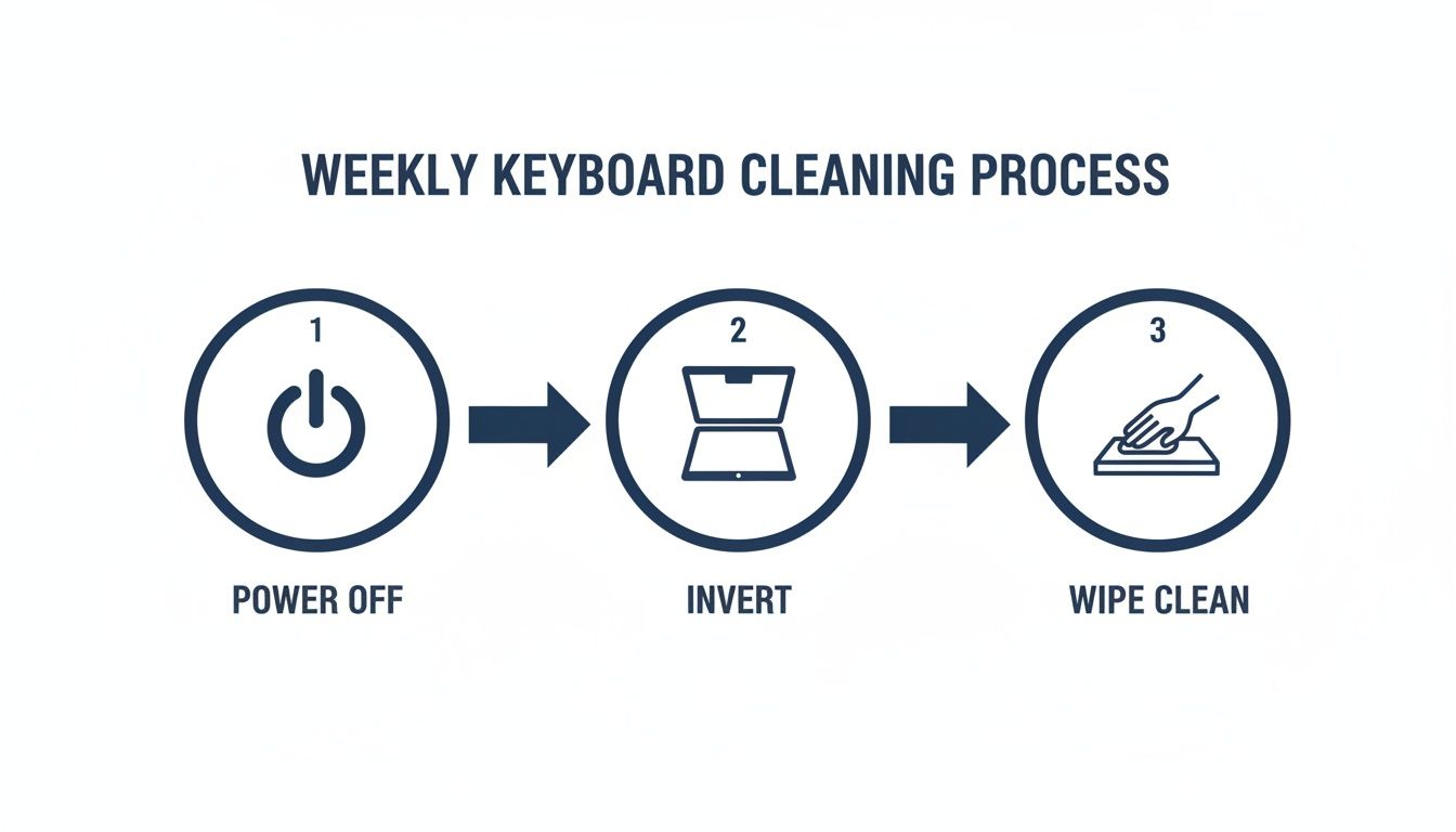 A three-step infographic showing the weekly keyboard cleaning process: power off, invert, and wipe clean.
