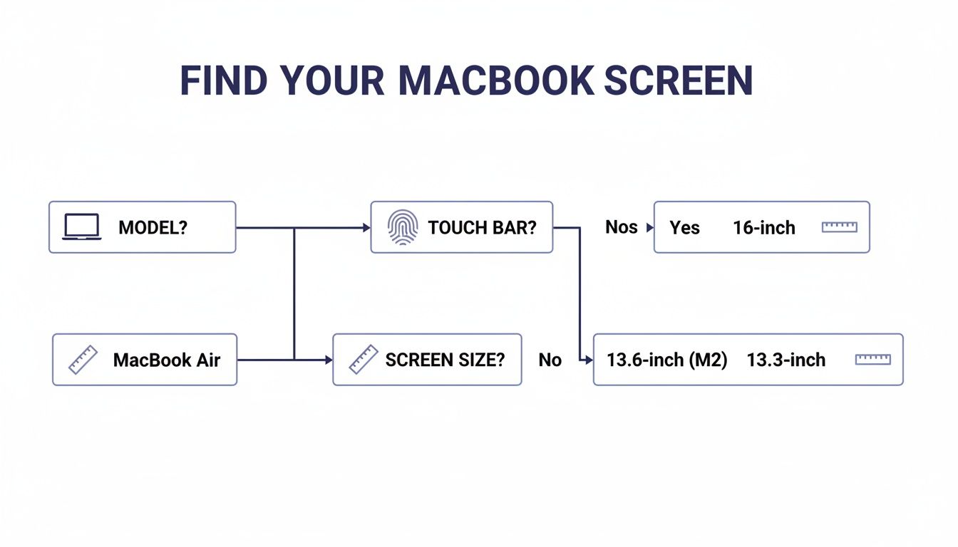 Flowchart to find MacBook screen size, differentiating between MacBook Air, Touch Bar presence, and screen dimensions.