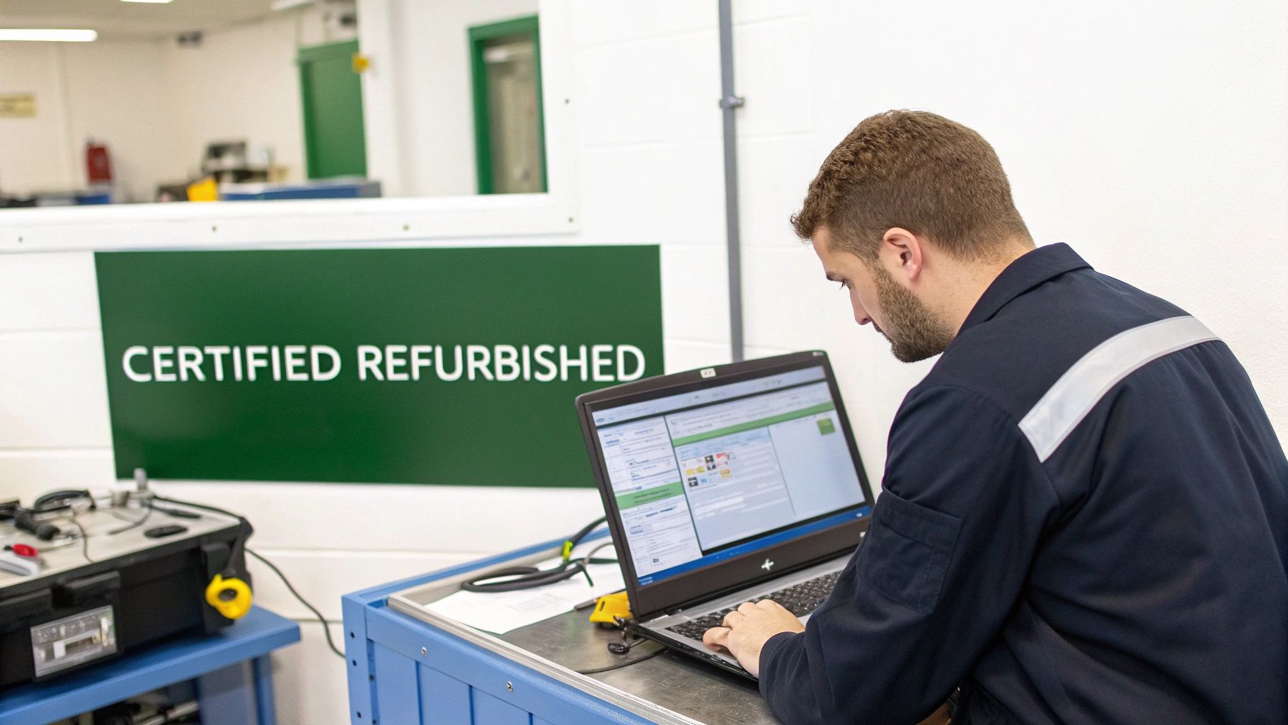 A technician carefully inspecting a refurbished laptop.