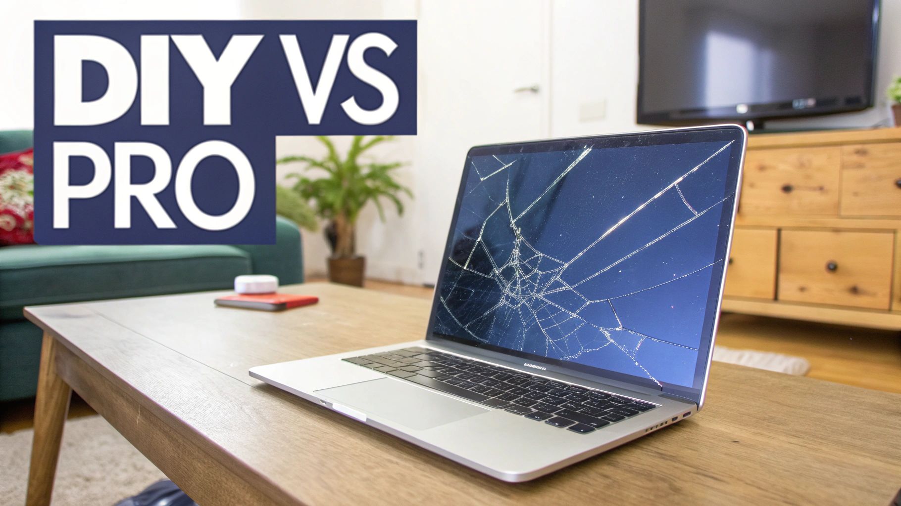 A silver MacBook Pro with a severely cracked screen on a wooden coffee table, with text 'DIY VS PRO' overlayed.