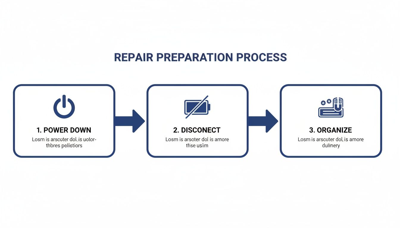 A three-step infographic showing the repair preparation process: power down, disconnect, and organize.