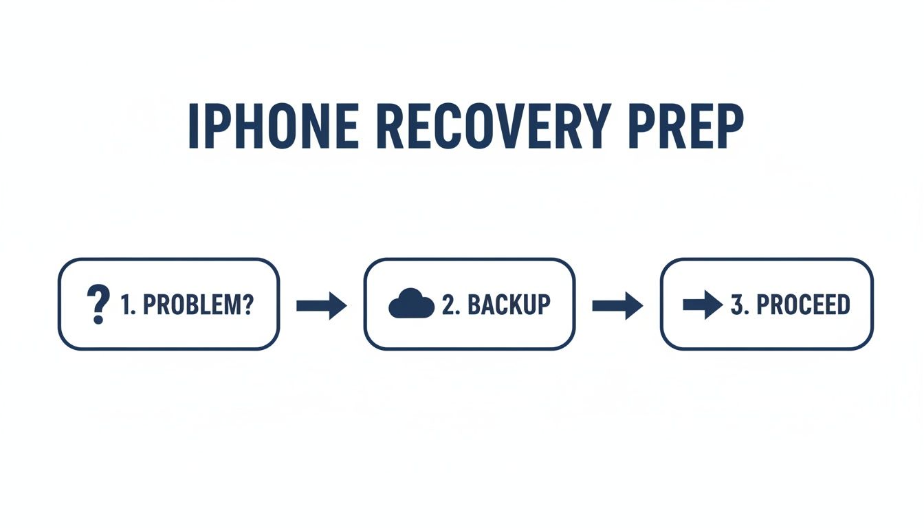 A flowchart illustrating the three steps for iPhone recovery preparation: Problem, Backup, and Proceed.
