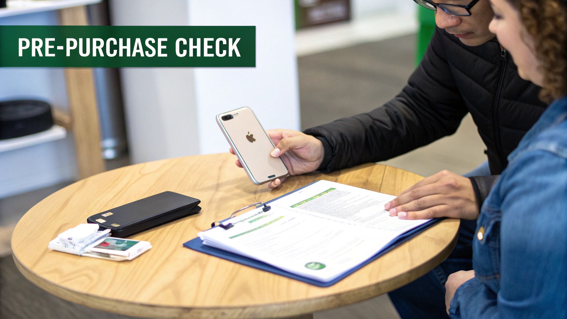 Two people conducting a pre-purchase check, one holding an iPhone, reviewing documents on a wooden table.