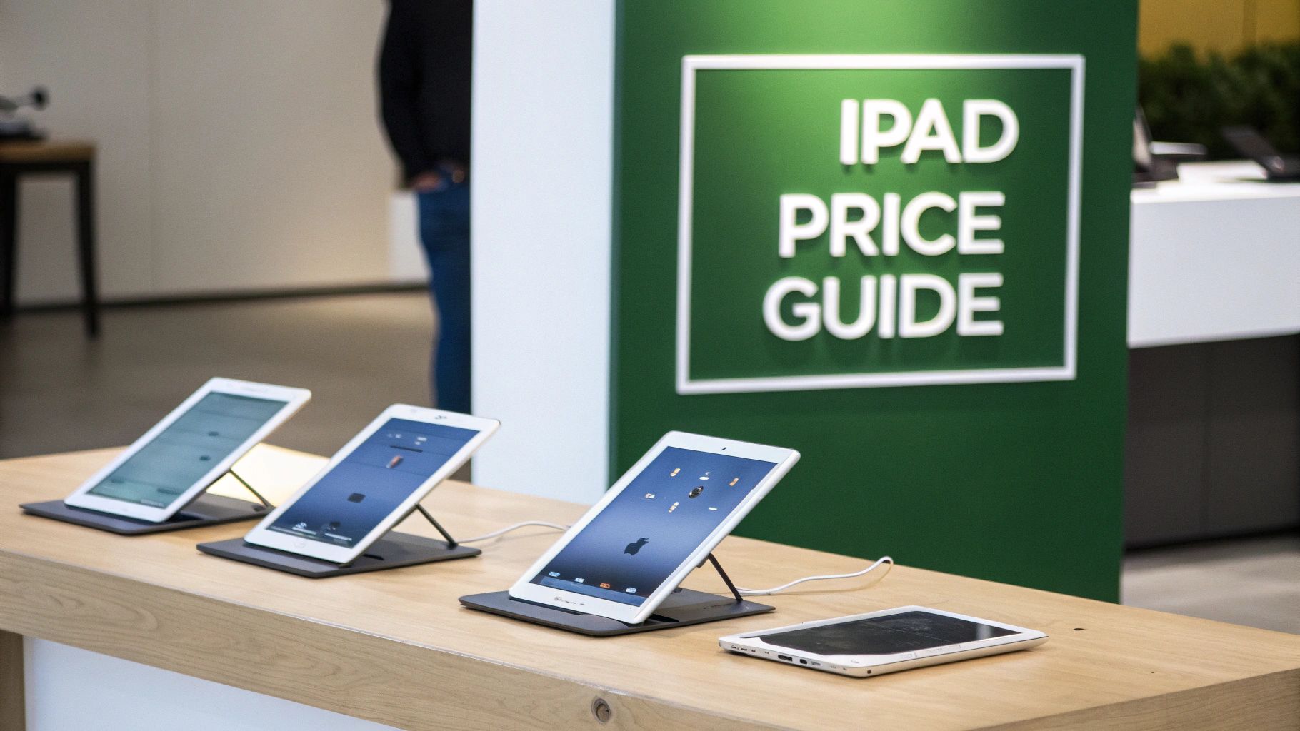 Multiple iPads displayed on a wooden counter in a store, with an 'iPad Price Guide' sign.