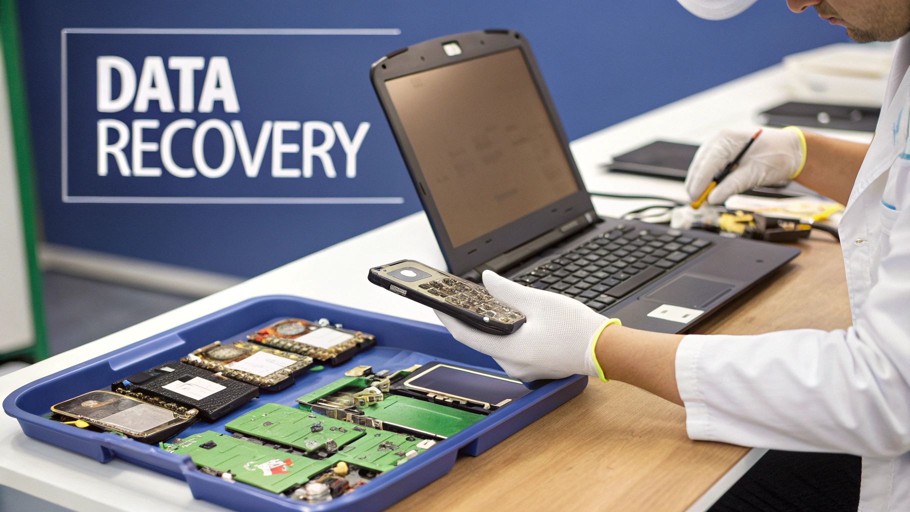 A technician at Screen Fixed Brisbane carefully working on the internal components of a water-damaged phone for data recovery.