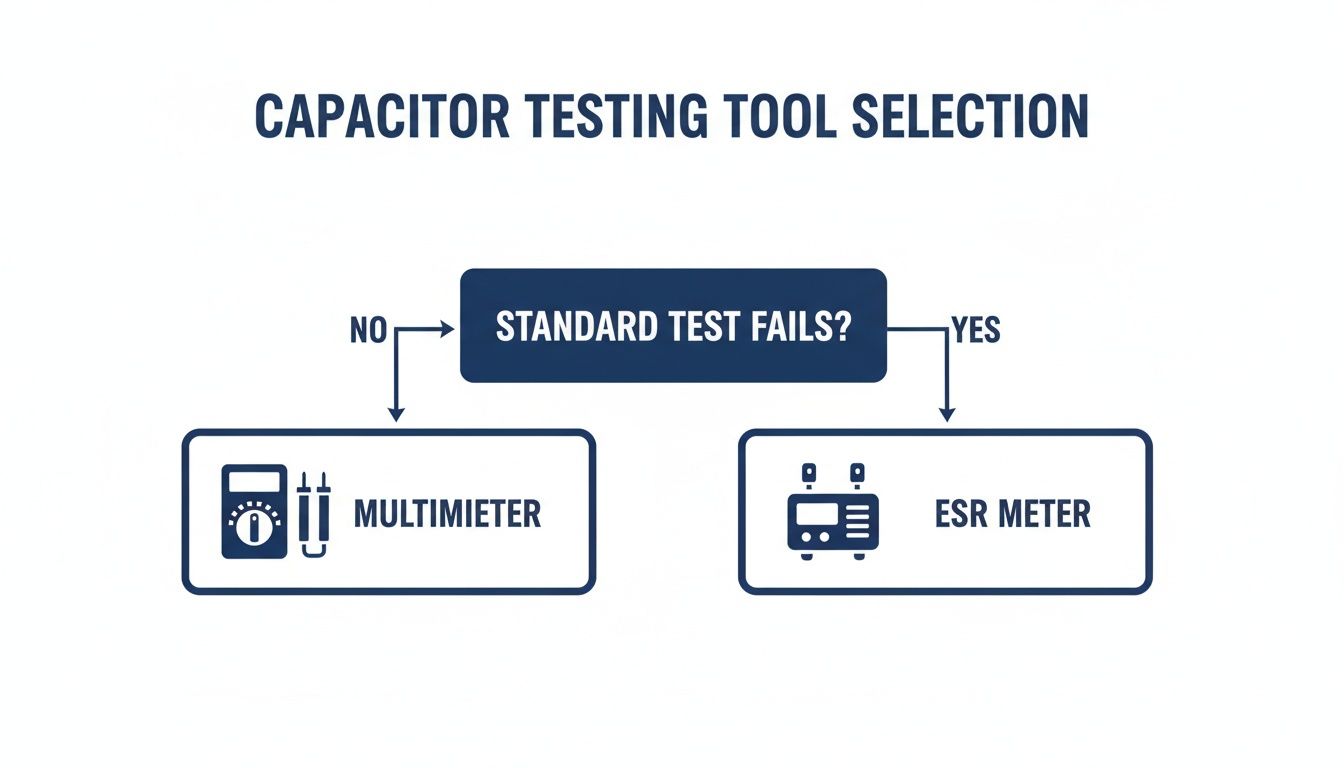 Flowchart guiding capacitor testing tool selection: multimeter if standard test passes, ESR meter if it fails.