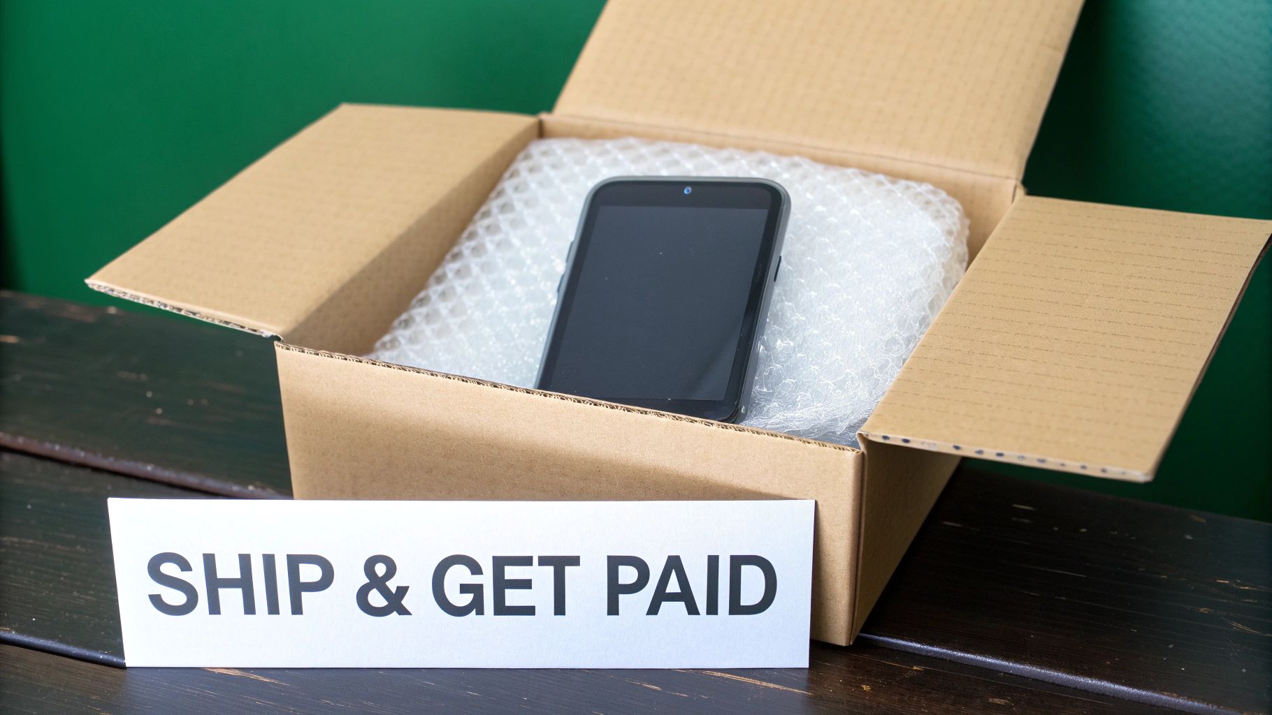 A person carefully placing a smartphone into a shipping box filled with bubble wrap.