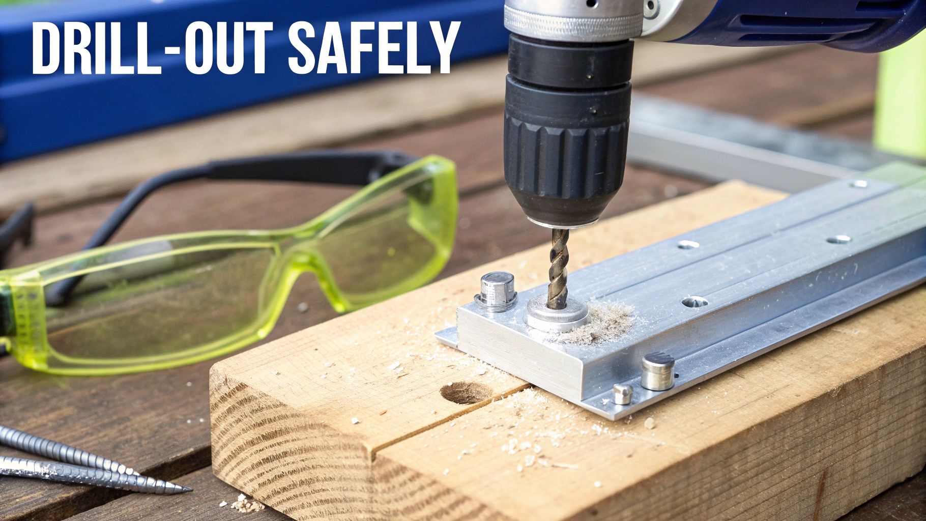 Close-up of a power drill bit drilling into a metal rail on a wooden surface, with safety glasses nearby.