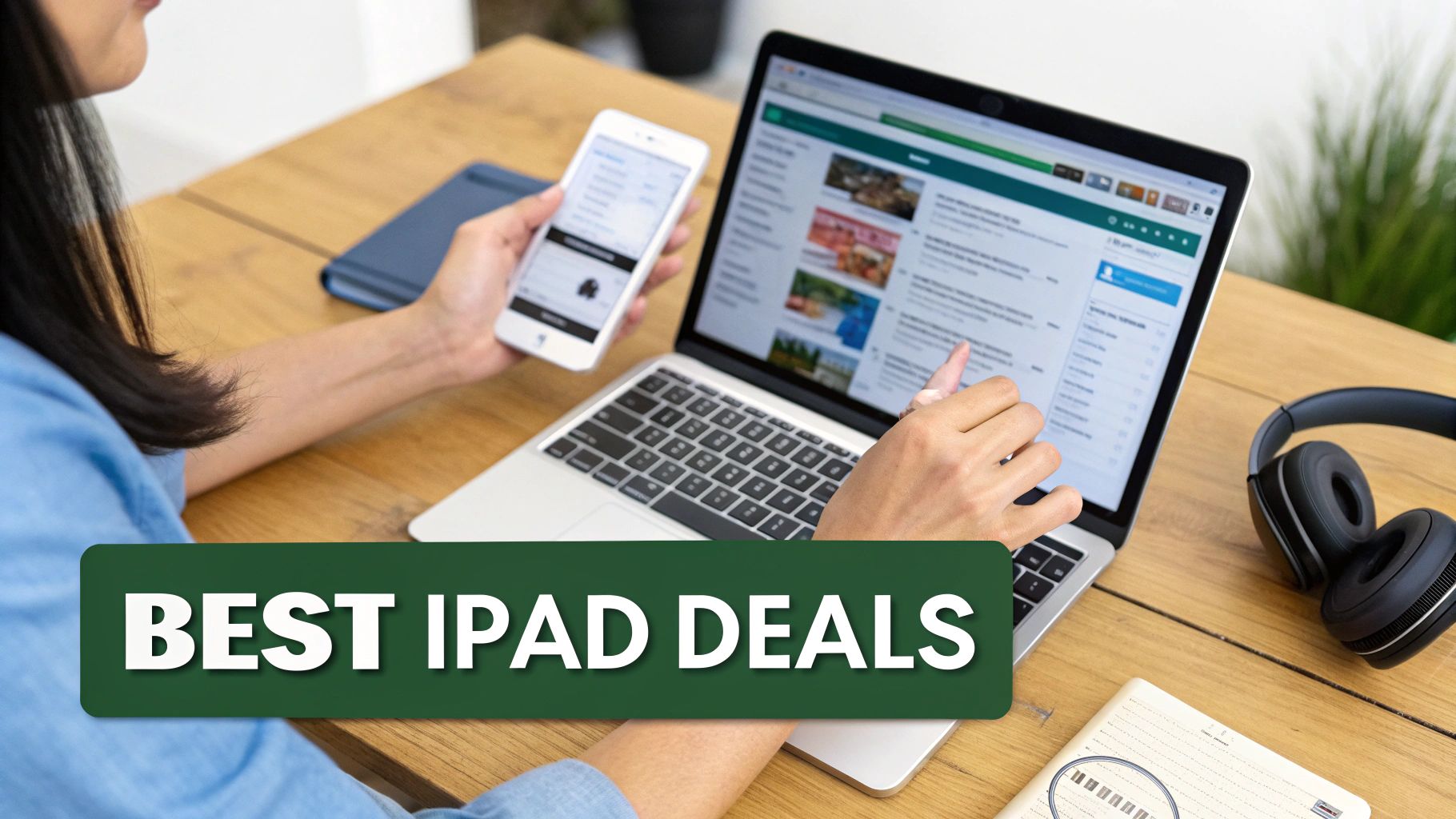 A person holding a white iPad, browsing online for deals.