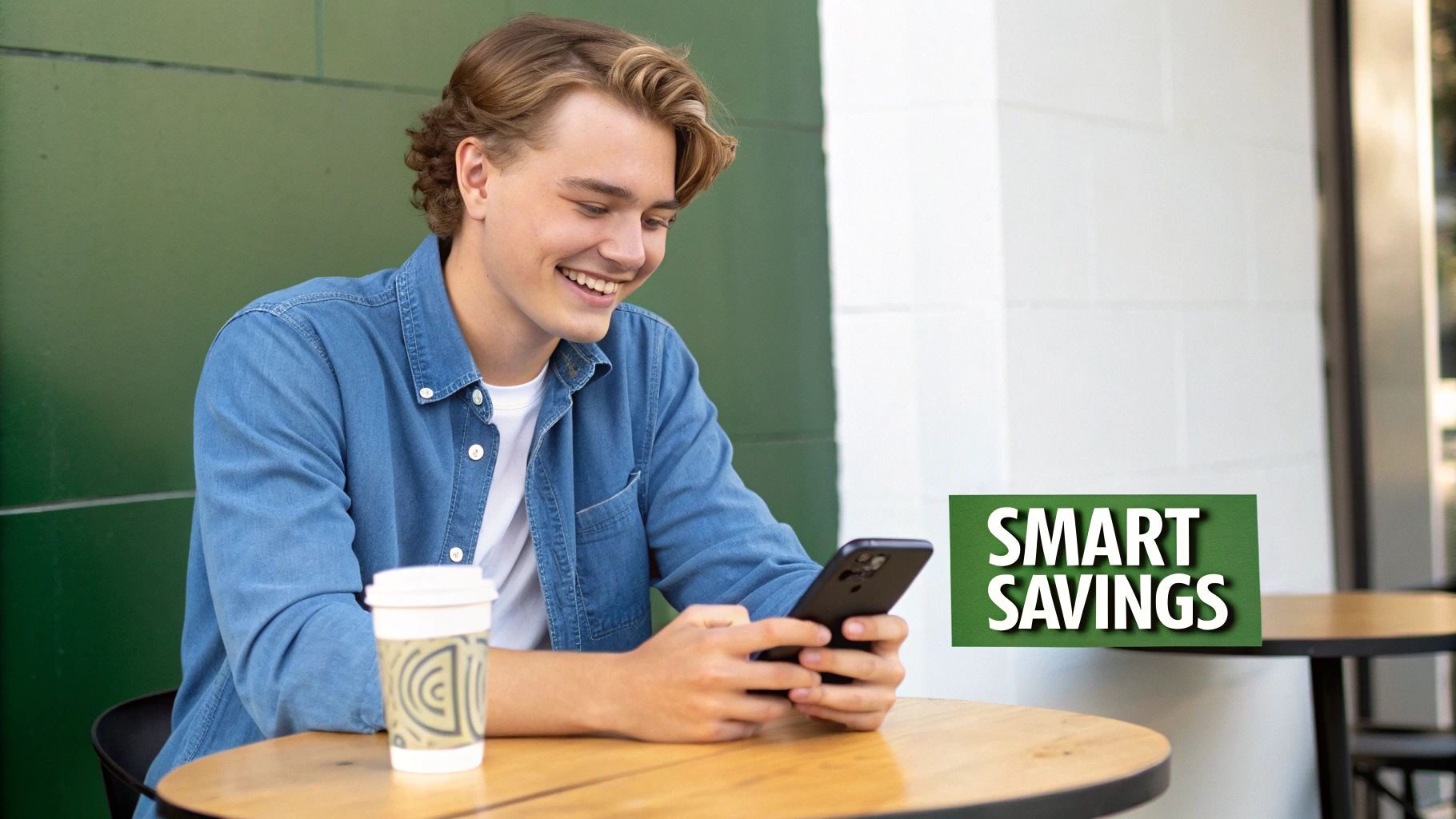 Smiling young man uses smartphone at outdoor cafe with coffee cup. 'SMART SAVINGS' sign is present.