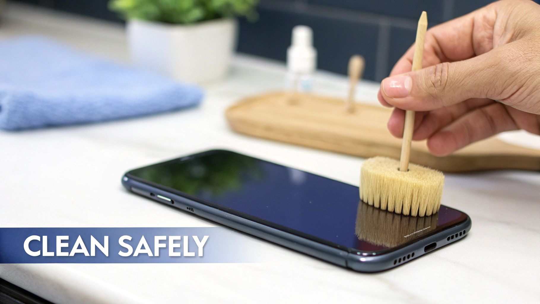 A hand uses a small brush to clean the charging port area of a black smartphone safely.