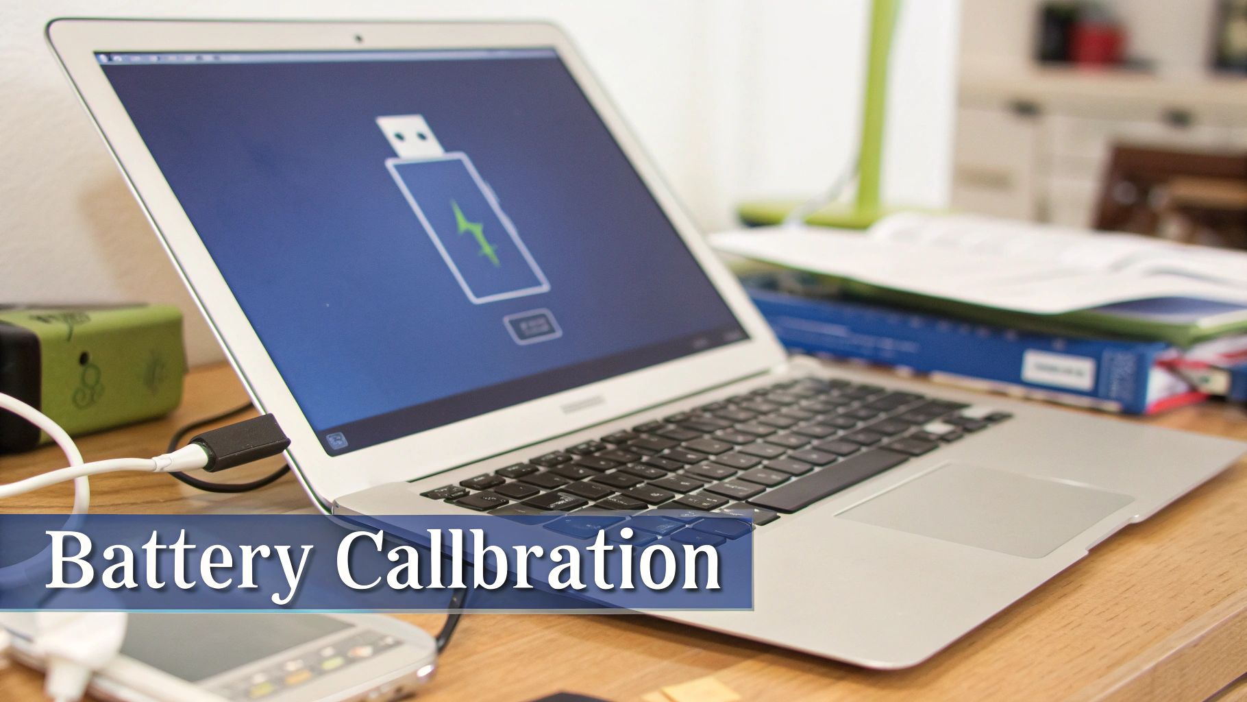 A MacBook Air laptop is charging on a wooden desk, displaying a battery icon with a lightning bolt on its screen.