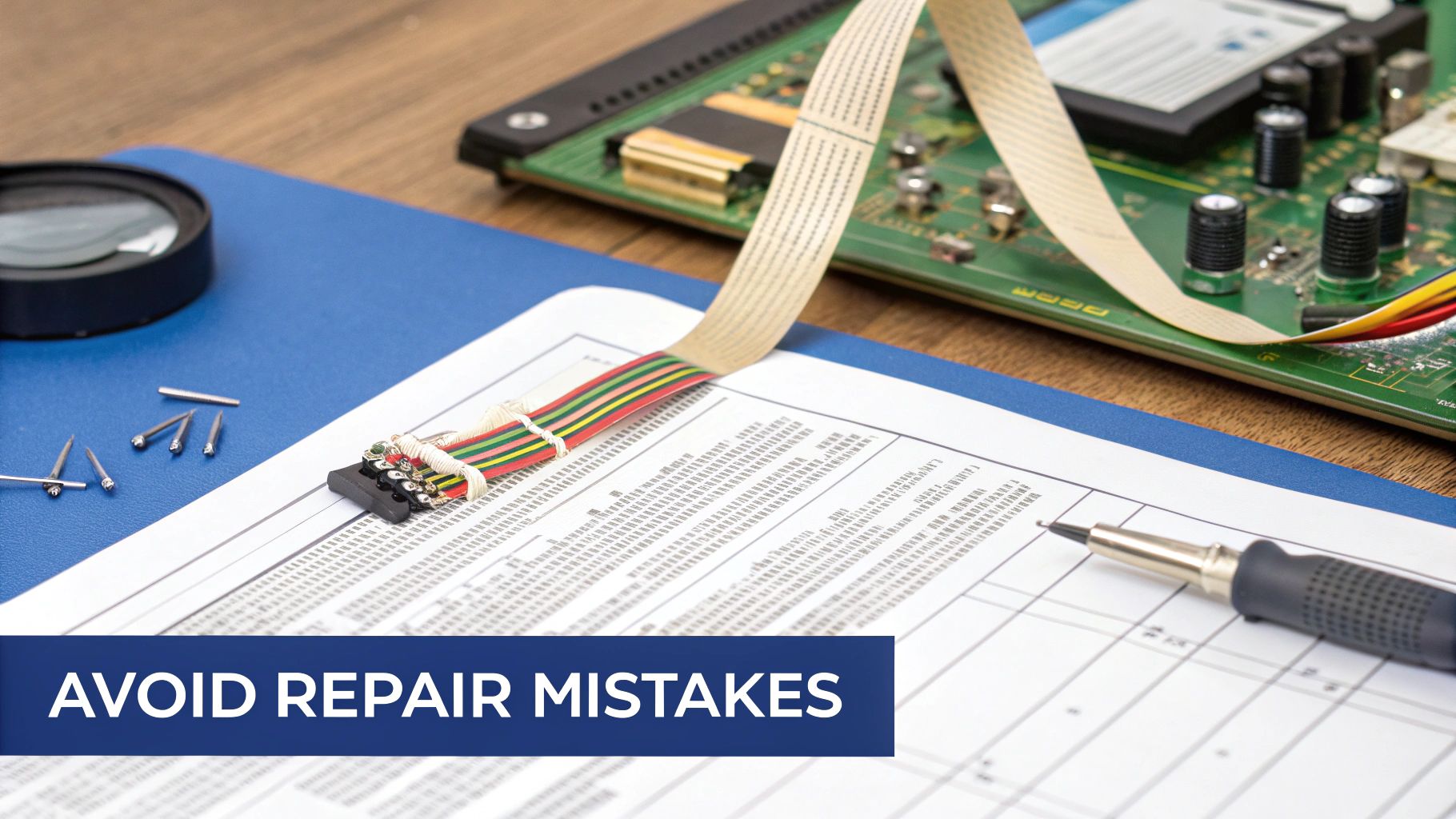 Close-up of electronic repair tools, circuit board, magnifying glass, and document on a desk.