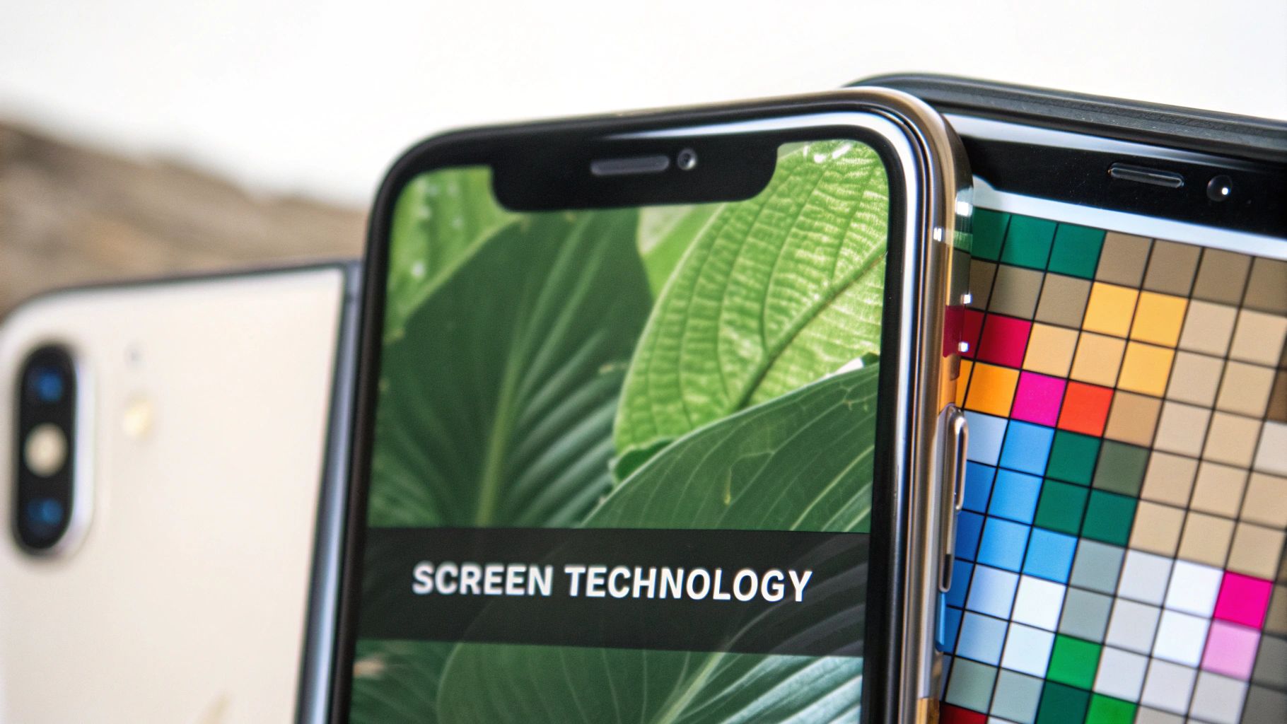 Close-up of three smartphones, one displaying 'SCREEN TECHNOLOGY' text on a leafy screen, another a color grid.