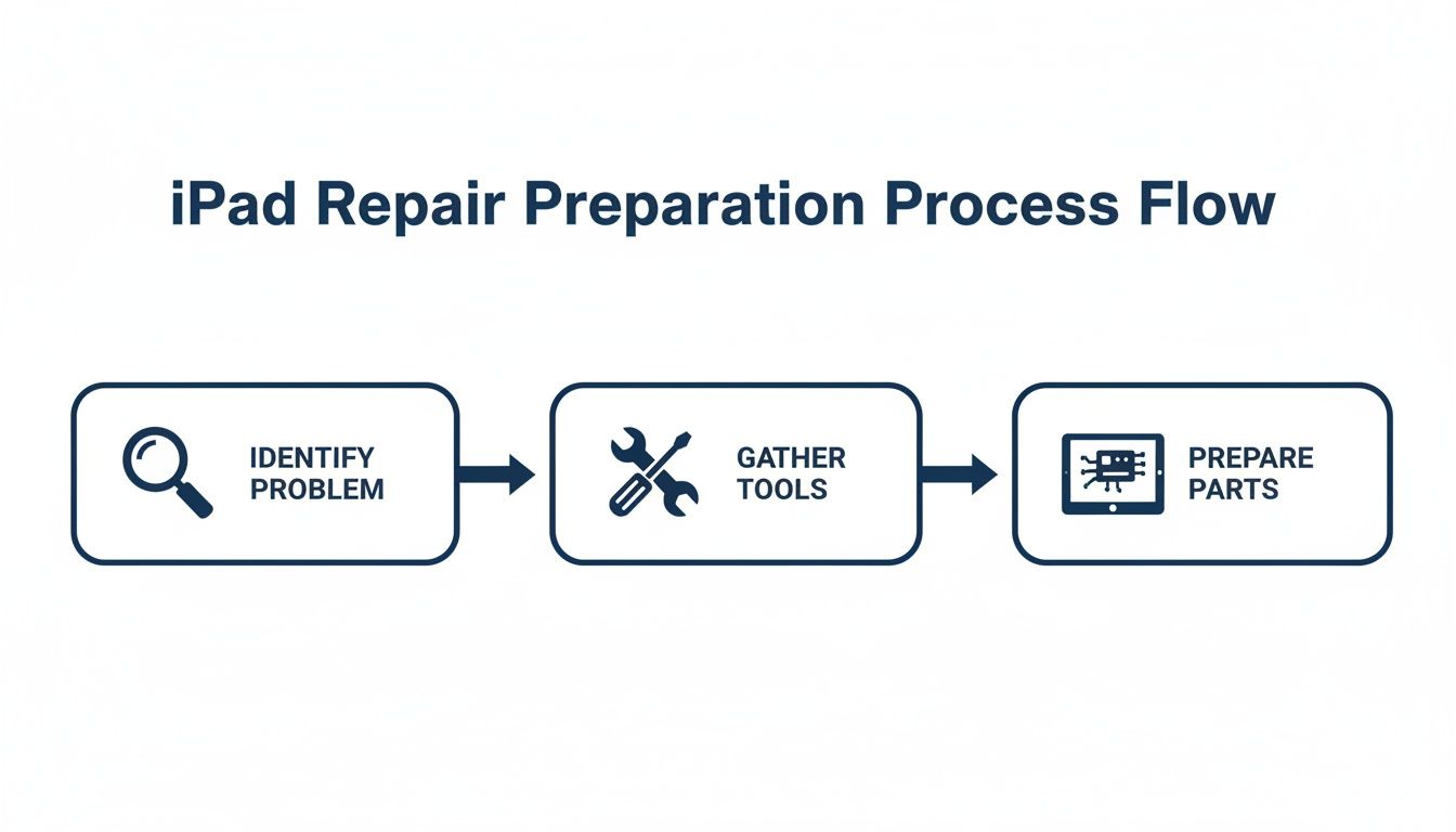 A flowchart outlining the iPad repair preparation process with steps: Identify Problem, Gather Tools, and Prepare Parts.