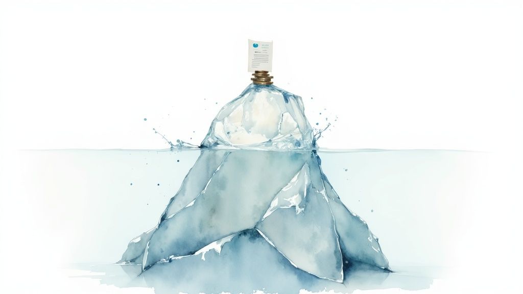 Watercolor illustration of an iceberg with a document and coins on its tip, mostly submerged in water.