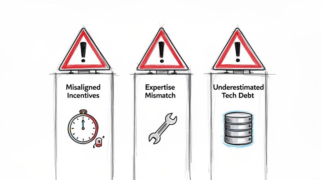 Three warning signs for business pitfalls: Misaligned Incentives, Expertise Mismatch, and Underestimated Tech Debt.