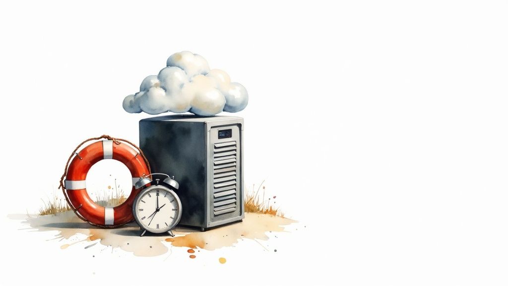 Watercolor illustration of a cloud server, life preserver, and alarm clock for data protection.