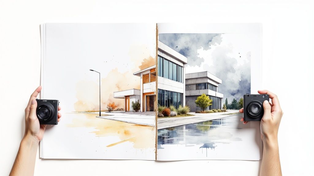 Hands holding cameras over a watercolor architectural drawing showing buildings in warm and cool tones.