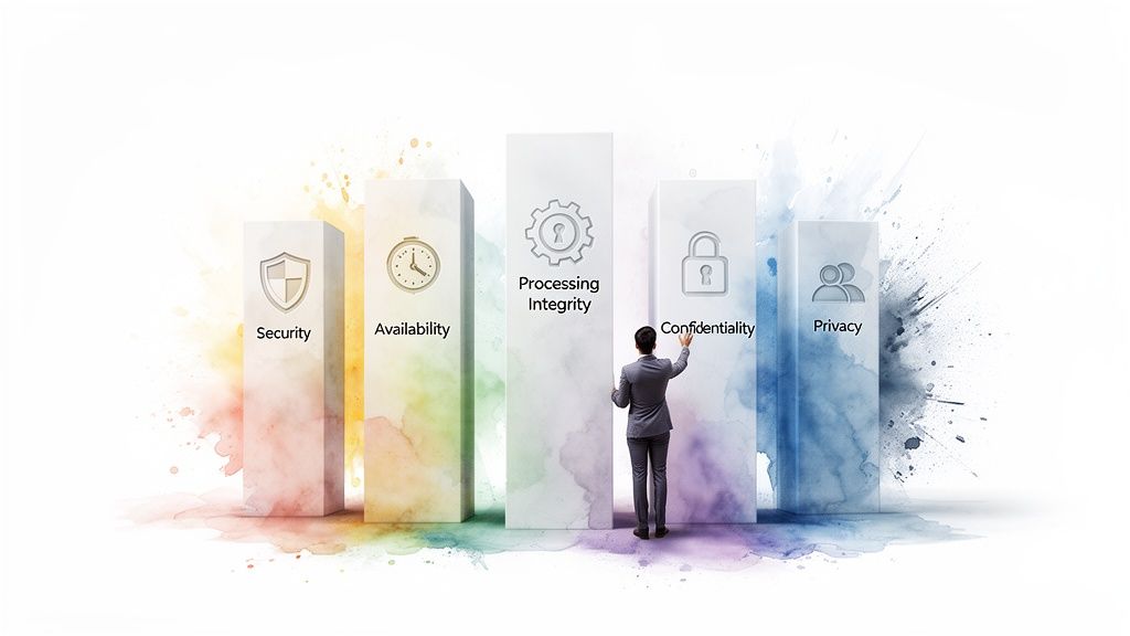 A man interacts with five pillars symbolizing Security, Availability, Processing Integrity, Confidentiality, and Privacy.