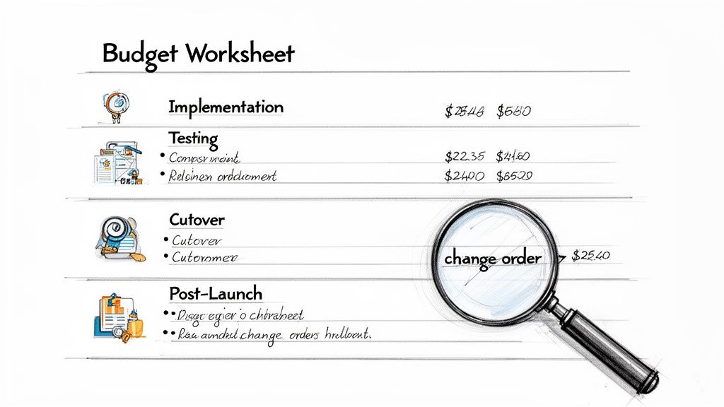 Hand-drawn budget worksheet with sections for implementation, testing, cutover, and post-launch, highlighting a change order.