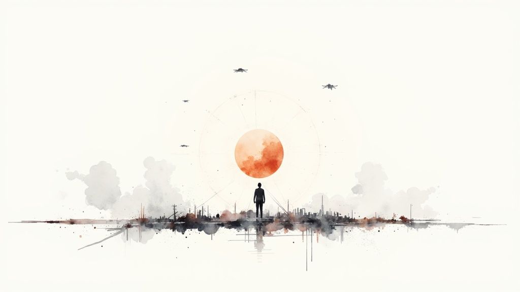 Minimalist watercolor of a silhouette gazing at a large red sun over a desolate city with flying crafts.