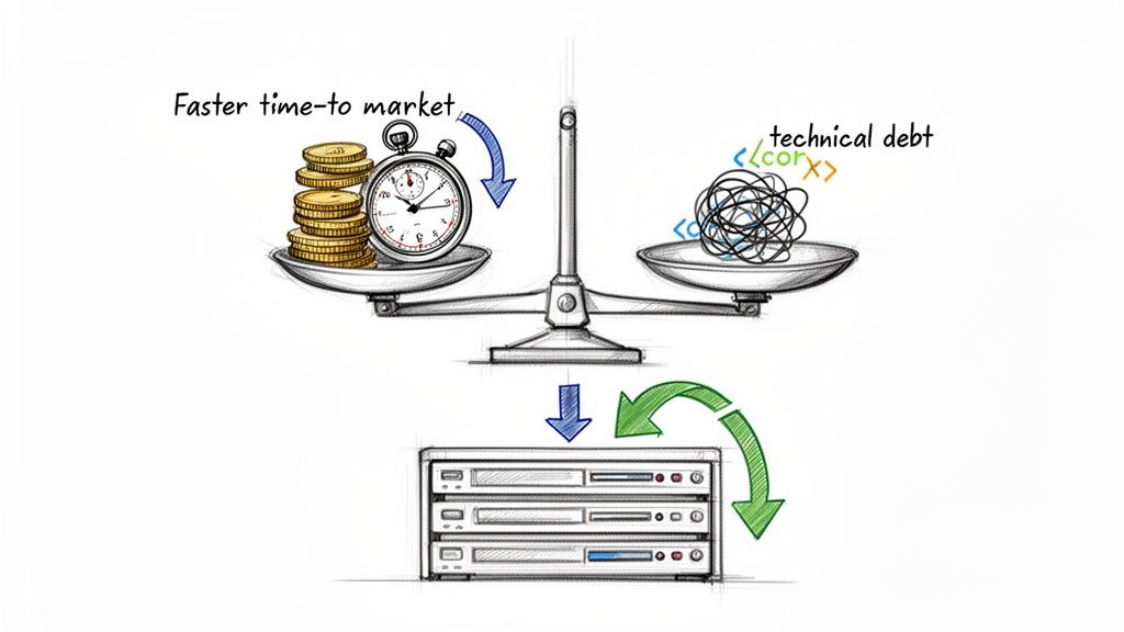 A scale balancing faster time-to-market (coins, stopwatch) against technical debt (tangled code) impacting server operations.