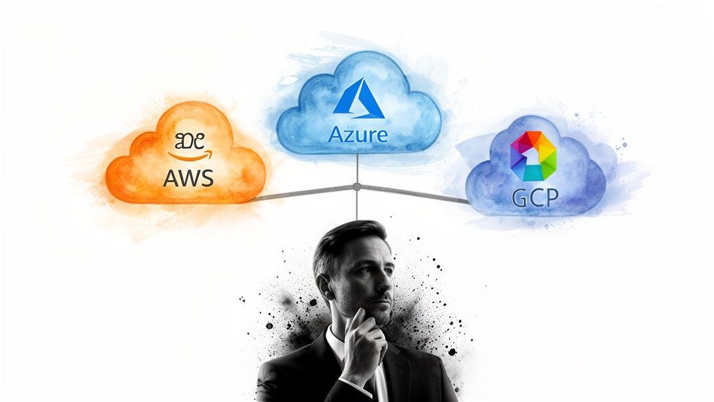 A man contemplates choosing between AWS, Azure, and GCP cloud platforms, depicted as clouds.