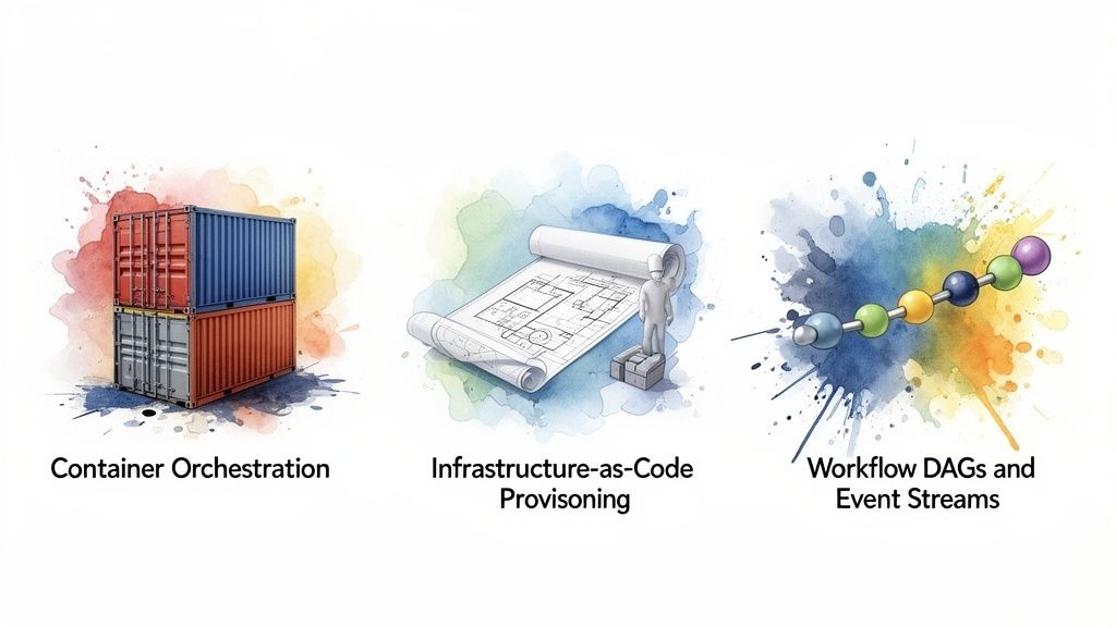 Three illustrations for cloud computing: container orchestration, infrastructure-as-code, and workflow DAGs.