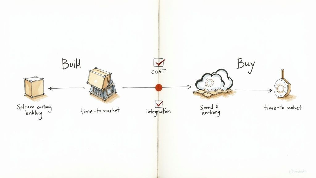 A diagram comparing 'Build' and 'Buy' strategies for solutions, highlighting time-to-market, cost, integration, and speed.