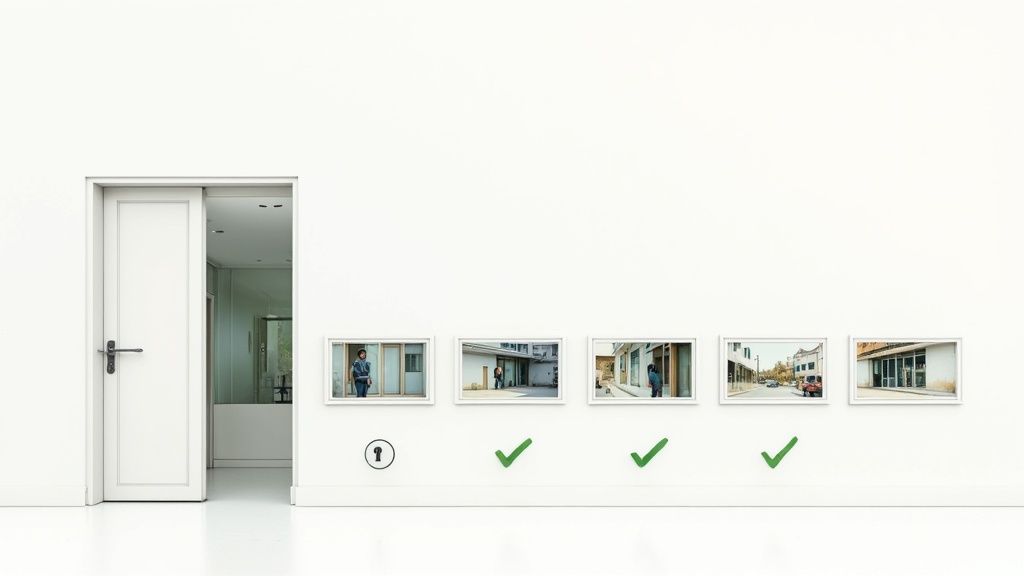 A minimalist white room with an open door and a row of five framed images, some with checkmarks, on the wall.