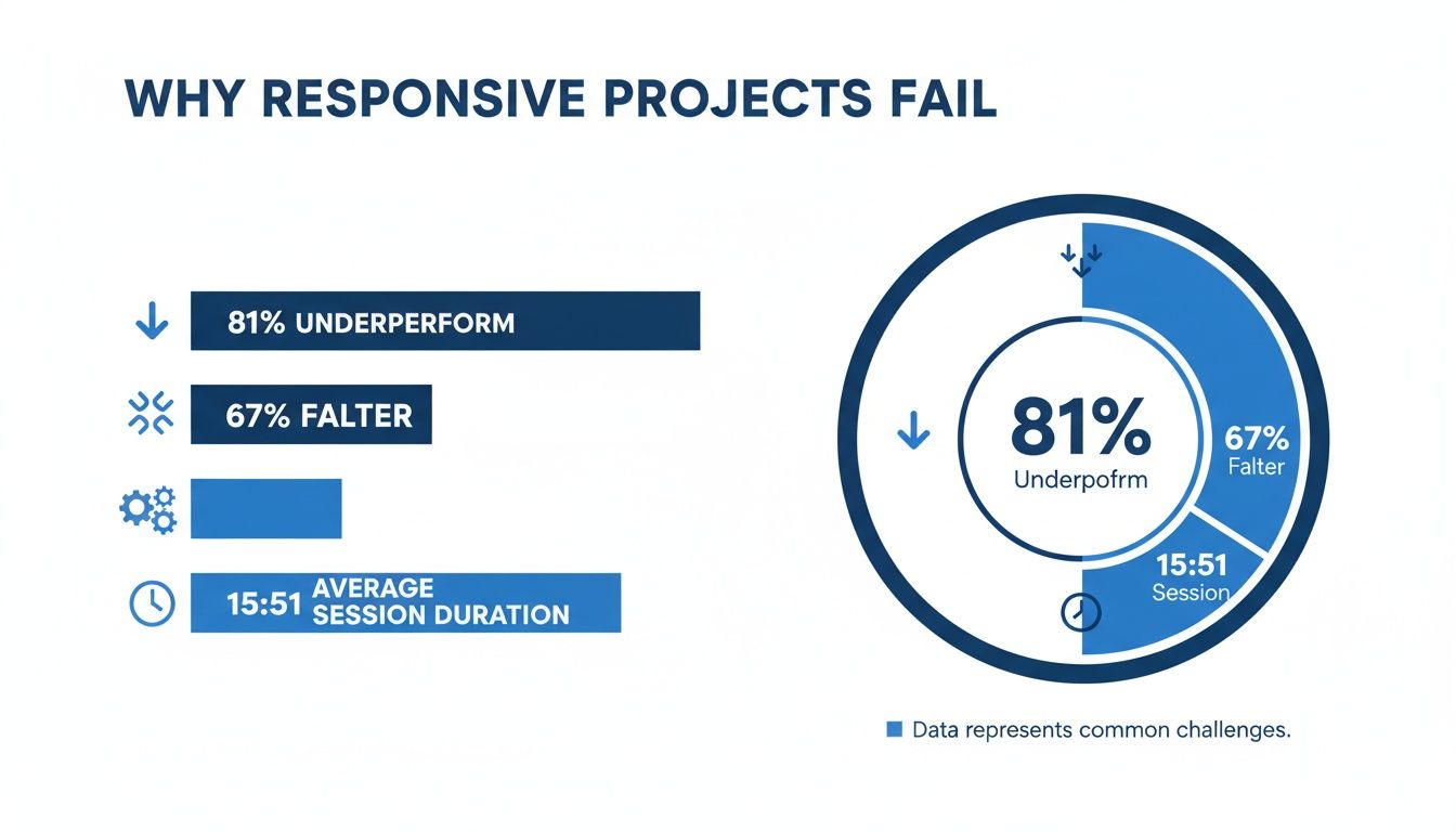 Infographic showing why responsive projects fail, with statistics on underperformance, faltering, and average session duration.