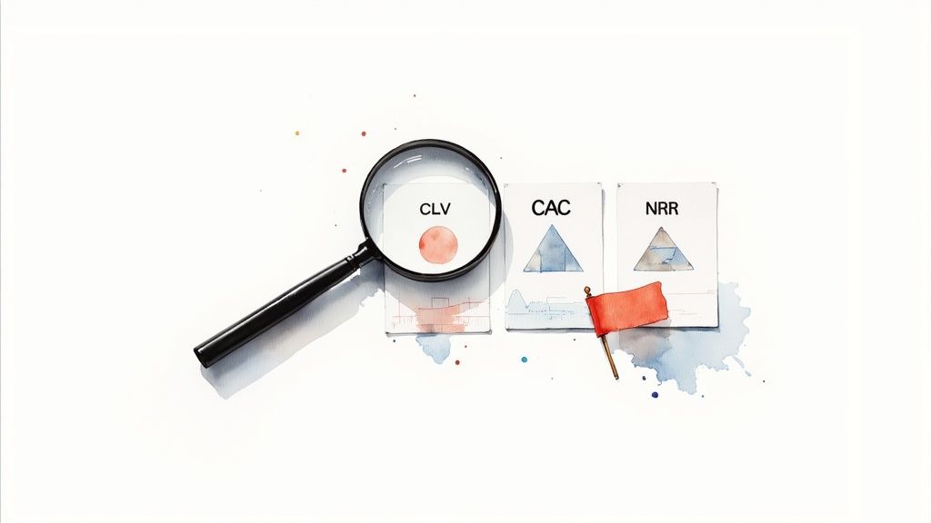 A magnifying glass examines a 'CLV' card, alongside 'CAC' and 'NRR' cards, representing business metrics analysis.