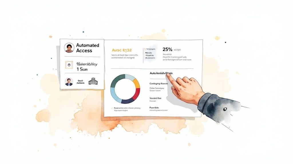 A hand interacts with a digital compliance software dashboard showing data, charts, and access details.