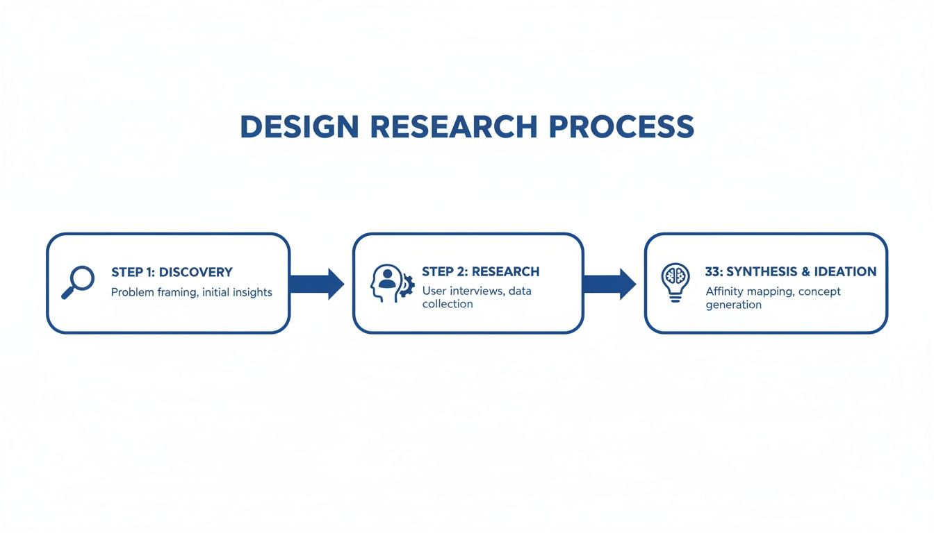 Infographic detailing the design research process with steps for discovery, research, and synthesis & ideation.