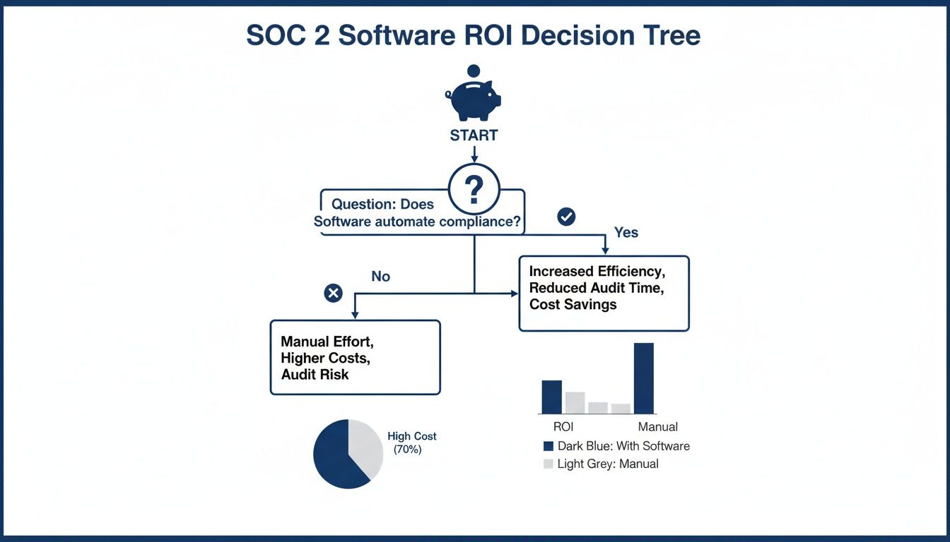 A decision tree illustrates the ROI of SOC 2 compliance software, comparing automated efficiency with manual costs and risks.
