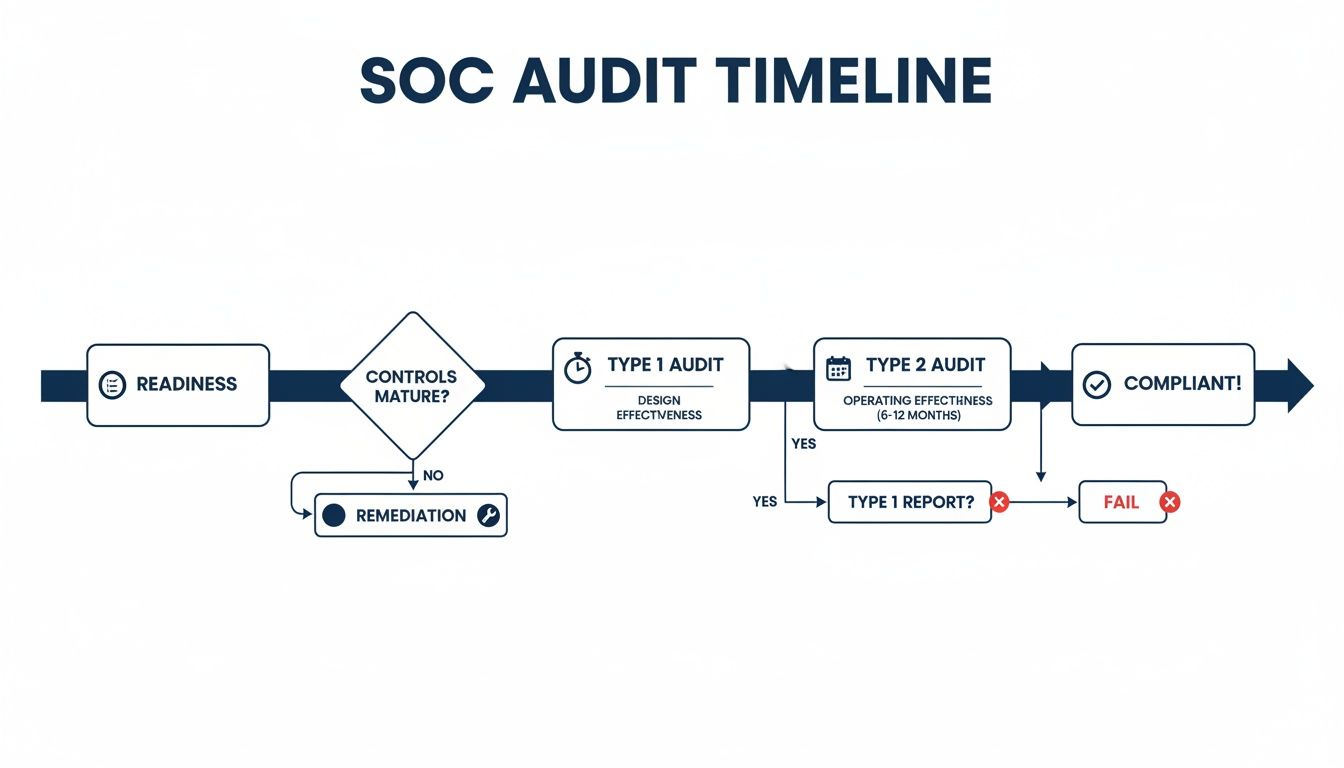 Flowchart detailing the SOC audit timeline, including readiness, controls, audits, and compliance.