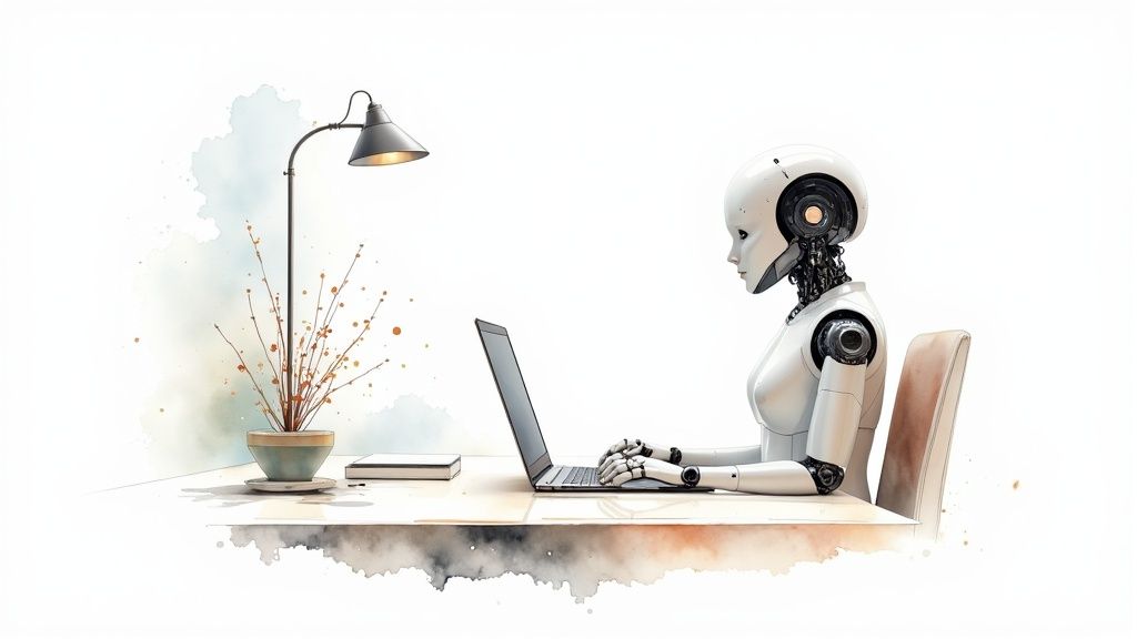 A white humanoid robot works on a laptop at a desk with a lamp and a plant.