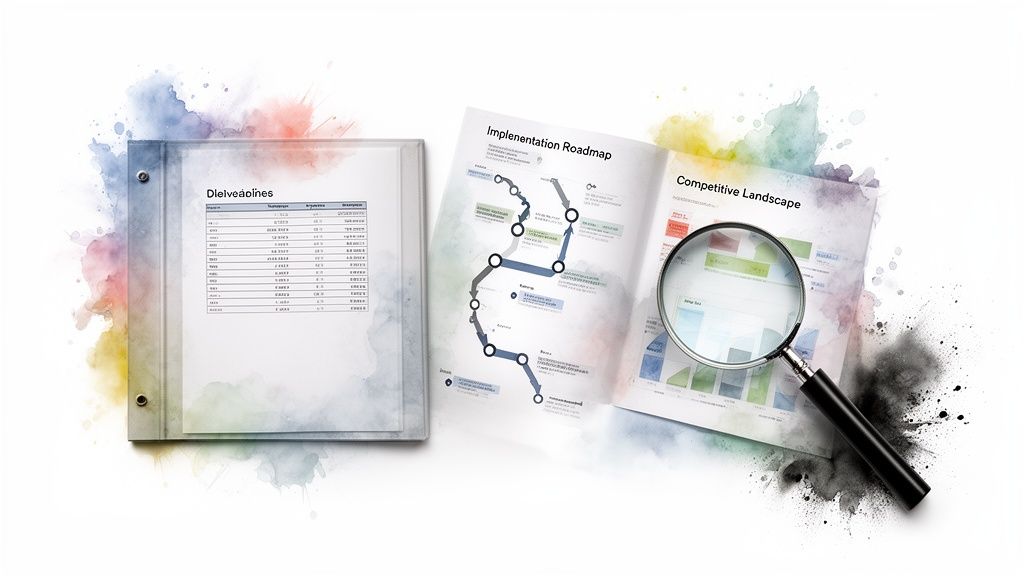 Business documents including an implementation roadmap, competitive landscape, and data table with a magnifying glass.