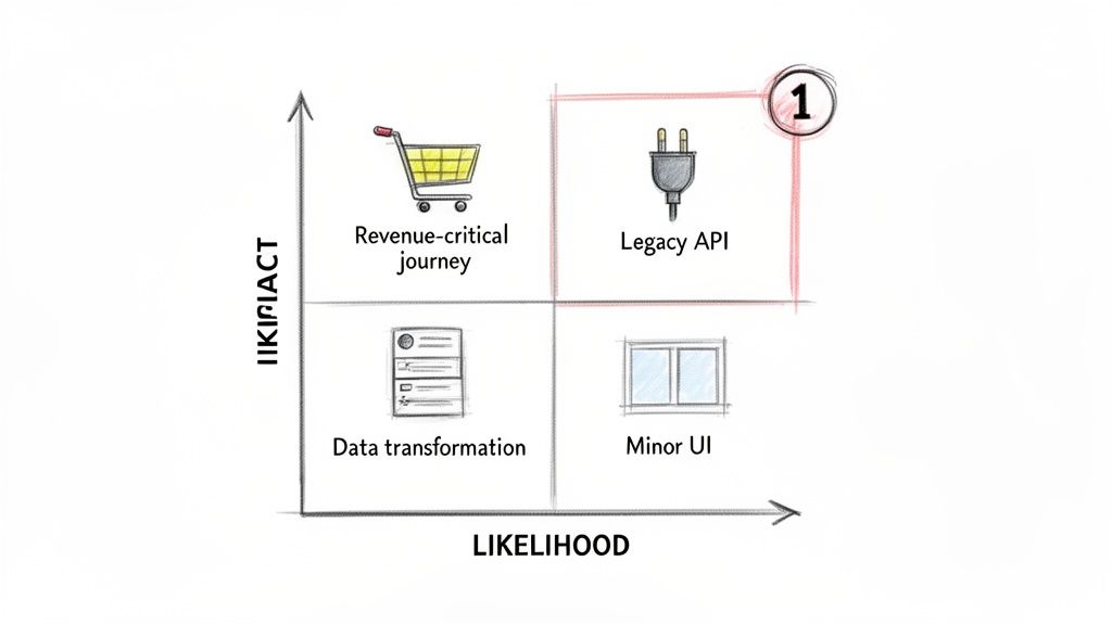 A 2x2 matrix categorizing software components by likelihood and impact, highlighting legacy API.