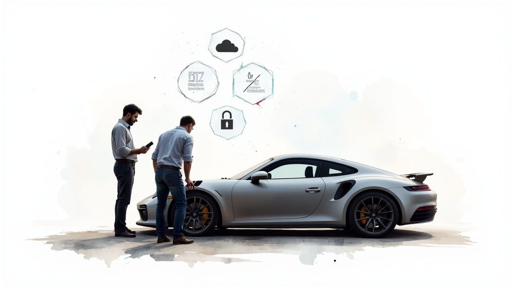 Two men examine a silver sports car with digital overlay icons representing IT and security.